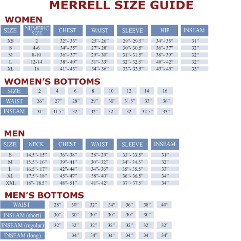 Merrell Jacket Size Chart
