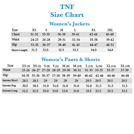 north face xs size chart