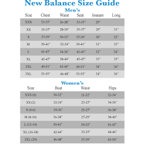 new balance bra size chart