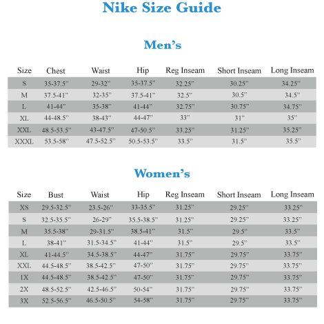 nike standard fit shorts size chart