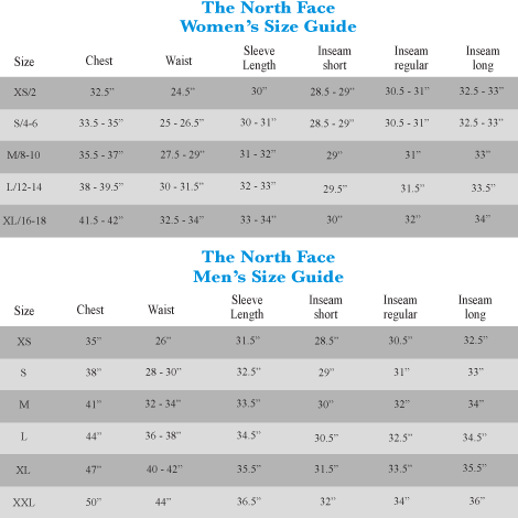 the north face women's jacket size chart