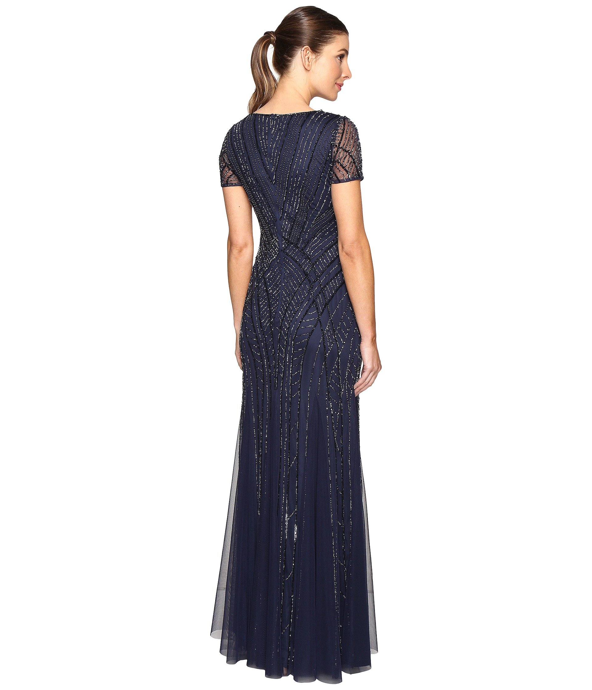 Adrianna Papell Short Sleeve Illusion Neck Beaded Gown at Zappos.com
